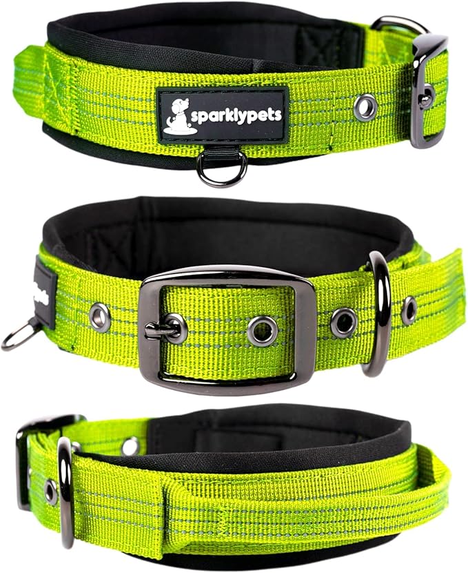 SparklyPets Heavy Duty Dog Collar with Handle for Medium and Large Dogs ??Professional Collar with Reflective Stitches, Soft Handle & Nickel-Plated Buckle (Medium (14,5"~18,5"), Green)