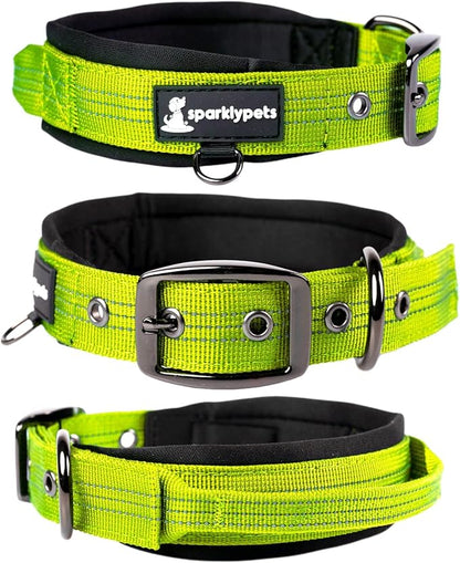 SparklyPets Heavy Duty Dog Collar with Handle for Medium and Large Dogs ??Professional Collar with Reflective Stitches, Soft Handle & Nickel-Plated Buckle (Medium (14,5"~18,5"), Green)