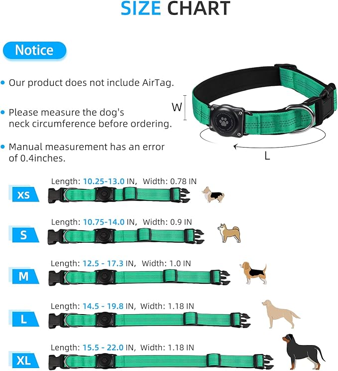 Upgraded AirTag Dog Collar, IP68 Waterproof Air Tag Dog Collar Holder, Reflective, Ultra-Durable, Comfortable Padded, Heavy Duty Dog Collars for Small Medium Large Dogs (XS (10.25"-13"), Teal)
