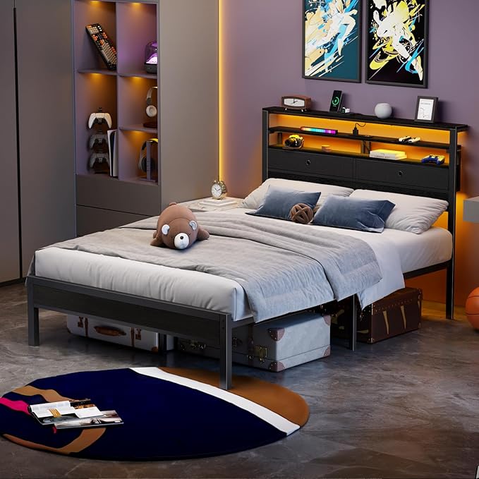 Furnulem Full Size Bed Frame with Headboard & 2 Fabric Drawers, Full Platform Bed Featuring LED Lights, Built-in Charging Station & Storage Shelves, Metal Slats, No Box Spring Needed – Black Oak