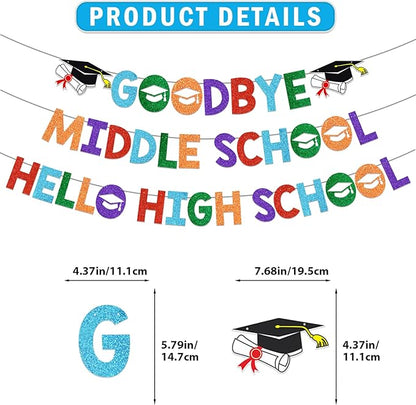 Goodbye Middle Hello High School Banner 8th Grade Graduation Decorations Graduation Banner Class of 2026 for 8th Grad Graduation Party Decorations Glitter