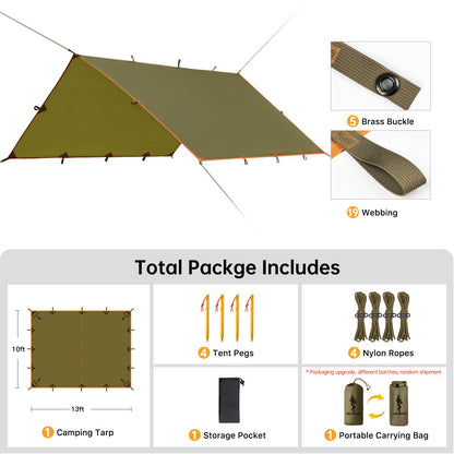 FREE SOLDIER Camping Tarp - 10 x 13ft, Waterproof, Brown