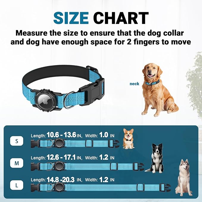 AirTag Dog Collar, IP68 Waterproof Integrated Air Tag Dog Collars with Reflective, Ultra-Durable, Comfortable Padded, Heavy Duty Dog Collars for Small Medium Large Dogs, S (10.6"-13.6"), Blue