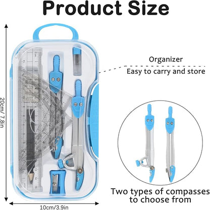 Geometry Set 10 Pcs Student Supplies with Storage Box, Includes 3 PCS Rulers, 2 Types Compasses, Protractor, Pencil, Pencil Sharpener, Eraser and Pencil Lead for Drafting and Drawings