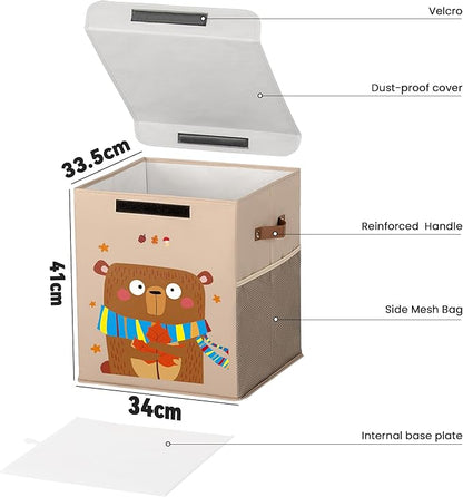 40L Large Toy Storage Box with Lid, Large Toy Box Chest for Kids, Girls and Boys, Nursery Room and Living Room, 13"x13" x16" (Dark Khaki-bear)