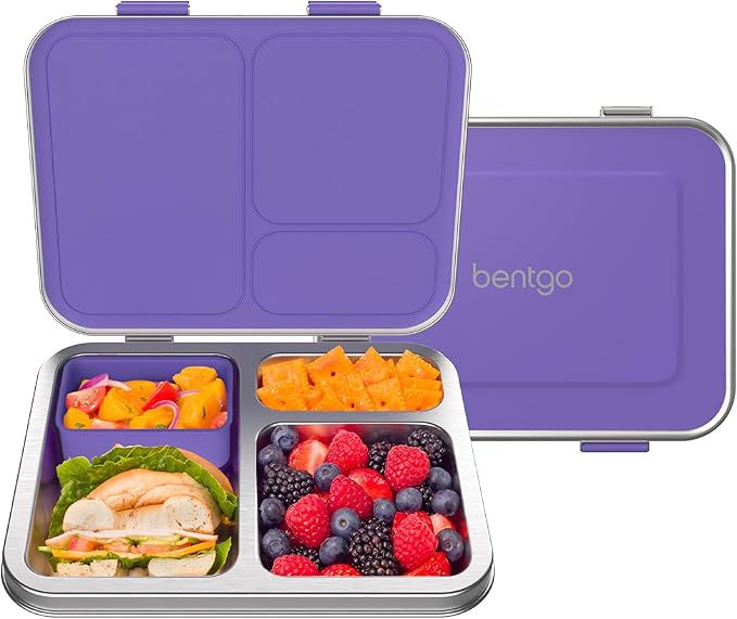 Bentgo Kids Stainless Steel Leak-Resistant Lunch Box - 3-Compartments with Bonus Silicone Container, Durable, Eco-Friendly, Dishwasher Safe, BPA-Free, Ideal for School, Ages 3+ (Purple)