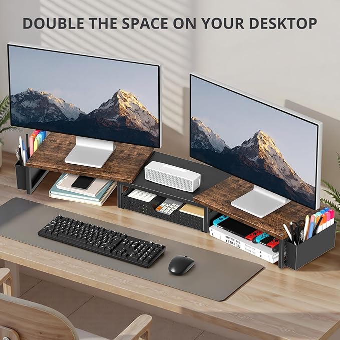 OPNICE Wood Desk Organizers and Accessories, Dual Monitor Stand Riser with Drawer and 2 Pen Holders, Desk Shelf Computer Racks for Office Workspace Organizers, Desktop Organization (Rustic Brown)
