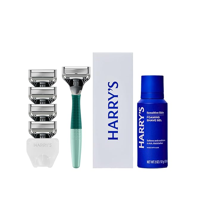 Harry's Original Shaving Kit for Men - Razor Handle, 5 Razor Blade Refills, Foaming Shave Gel, and Travel Blade Cover - German Engineered - Sage