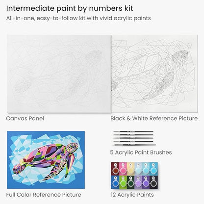 ARTEZA Paint by Number for Adults, 12x16 Inches, 21 Pieces, Turtle Paint by Numbers Kit, Comes with 1 Canvas Panel, 12 Acrylic Paint Pots, 5 Paintbrushes, Art Supplies for Home & Office Wall Decor