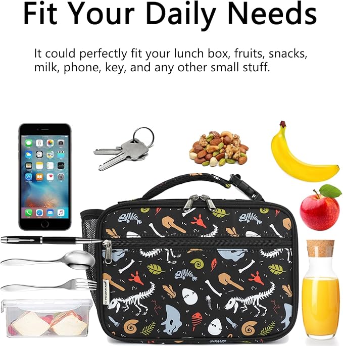 Insulated Lunch Box for School, Thermal Reusable Durable Freezable Lunch Bags for Kids Boys Girls Men Women - Small Soft Cooler Portable Lunch Tote Kit for Work Picnic Travel,Dinosaur Fossil