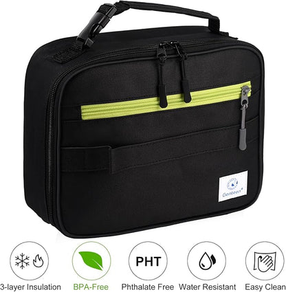 Genteen 2 Packs Insulated Soft Lunch Bag With Double Zipper - Sturdy, Freezable and Reusable for Kids, Men - For School, Work, Outdoor (Black & Blue)