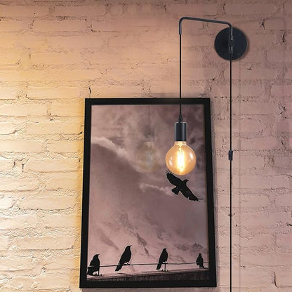 Wall Lamp with Plug in Cord, Swing Arm Wall Sconces with On Off Switch in Cord, Metal Black Vintage Industrial Wall Mounted Light Fixture for Living Room Bedside Bedroom (1 Pack)
