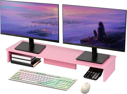 Dual Monitor Stand Riser, Large Computer Monitor Stand for Desk, Monitor Riser for 2 Monitors, Wood Desk Shelf for Top of Desk, Desktop Organizer for Computer, Laptop, Printer, TV, Pink