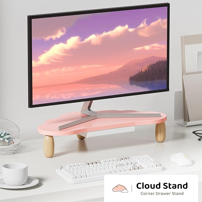 Monitor Stand Riser,Cloud-Shaped Sturdy Wood Computer Monitor Riser Wirh Drawer, Monitor Stand Riser, Multi-Purpose Desktop Organizer Riser for Computer,Laptop,Printer,TV,Pink
