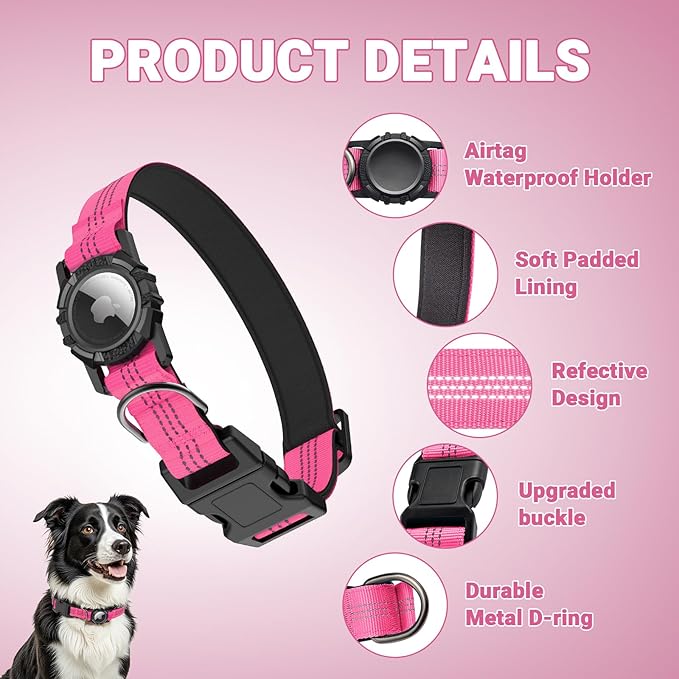 AirTag Dog Collar and Leash, IP68 Waterproof Integrated with Reflective, Ultra-Durable, Comfortable Padded, Heavy Duty Dog Collars for Small Medium Large Dogs, S (10.6"-13.6"), Pink