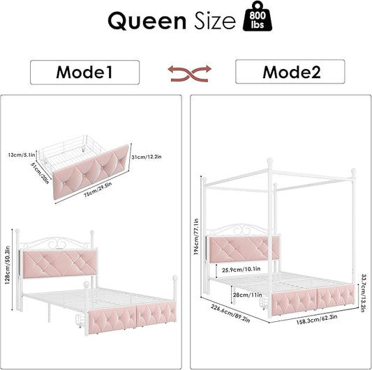Queen Upholstered Canopy Bed Frame with 2 Drawers & Crystal Tufted Storage Headboard Two-Purpose Metal Platform Bed with 4 Removable Posts & Charging Station Pink Princess Bed, Curtain Not Included