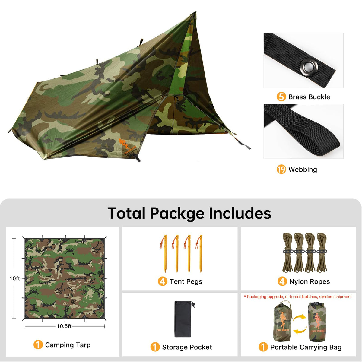 FREE SOLDIER Camping Tarp - 10 x 10.5ft, Waterproof, Camo