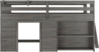 Max & Lily Modern Farmhouse Twin Low Loft Bed with Bookcase - Solid Wood, 15” Guardrails, 400-lb Capacity, Low-VOC Finish, Driftwood