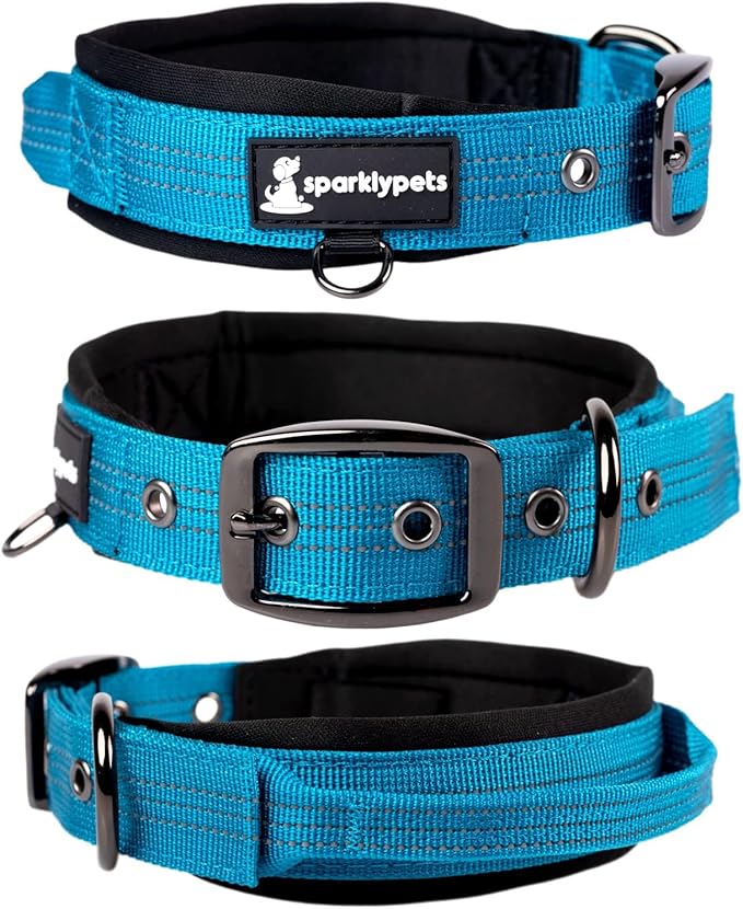 SparklyPets Heavy Duty Dog Collar with Handle for Medium and Large Dogs ??Professional Collar with Reflective Stitches, Soft Handle & Nickel-Plated Buckle (Large (18"~22"), Blue)