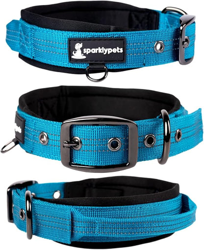 SparklyPets Heavy Duty Dog Collar with Handle for Medium and Large Dogs ??Professional Collar with Reflective Stitches, Soft Handle & Nickel-Plated Buckle (Large (18"~22"), Blue)