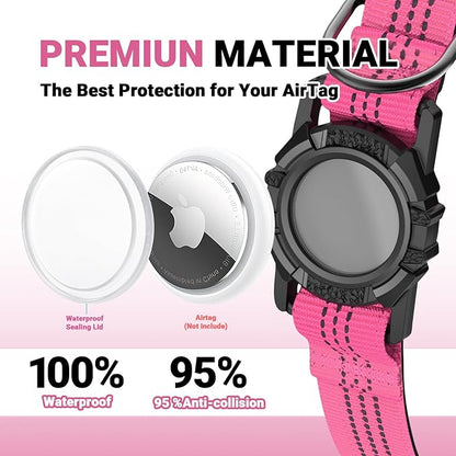 AirTag Dog Collar, IP68 Waterproof Integrated Air Tag Dog Collars with Reflective, Ultra-Durable, Comfortable Padded, Heavy Duty Dog Collars for Small Medium Large Dogs, L (14.8"-20.3"), Pink
