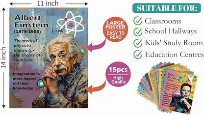1step2dream Science Poster Classroom Set: 15 Vibrant 11x14 Educational Wall Art Featuring Famous Scientists - Ideal for Middle School, Science Labs & Bulletin Boards