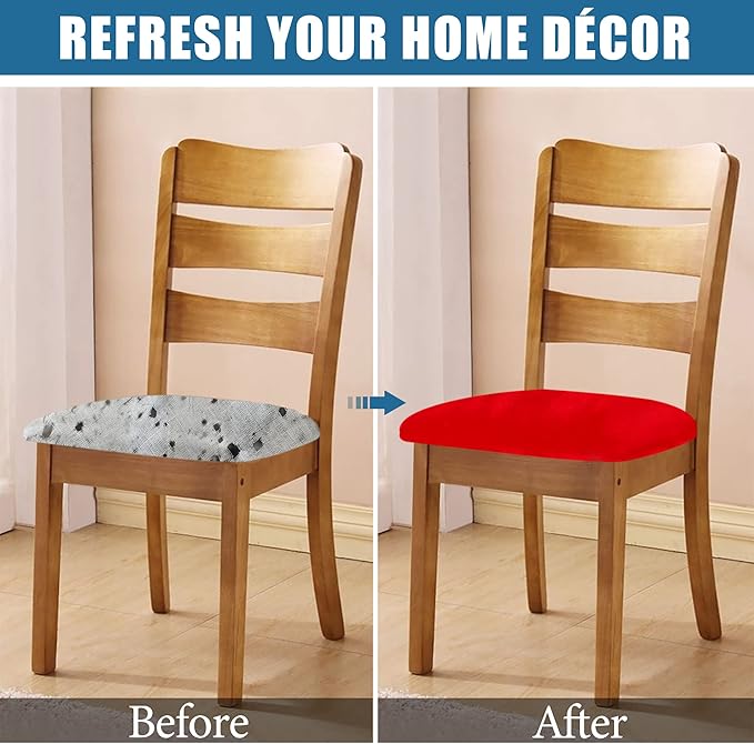 Smiry Velvet Seat Covers for Dining Room Chair Set of 2, Stretch Fit Removable Washable Chair Seat Cushion Protector Slipcovers with Ties, Red