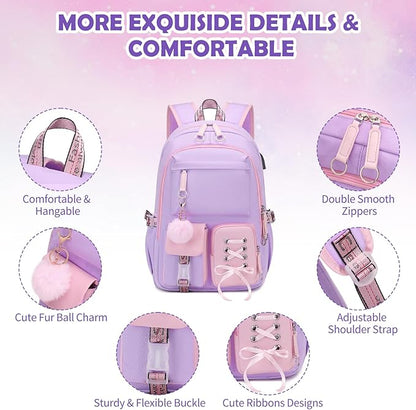 Backpacks for Girls, Girls Backpack with Lunch Box and Pencil Case for Teen Kids Elementary Middle High School College Student, Children Backpack Bookbag with USB Charging Port (Pink Purple)