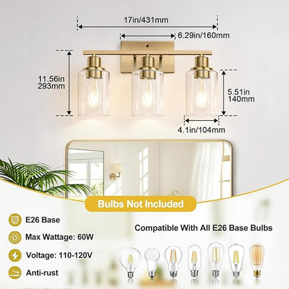 3 Light Bathroom Light Fixtures, Brass Vanity Lights for Bathroom with Clear Glass Shades, Modern Bathroom Wall Sconces for Mirror Living Room Cabinet