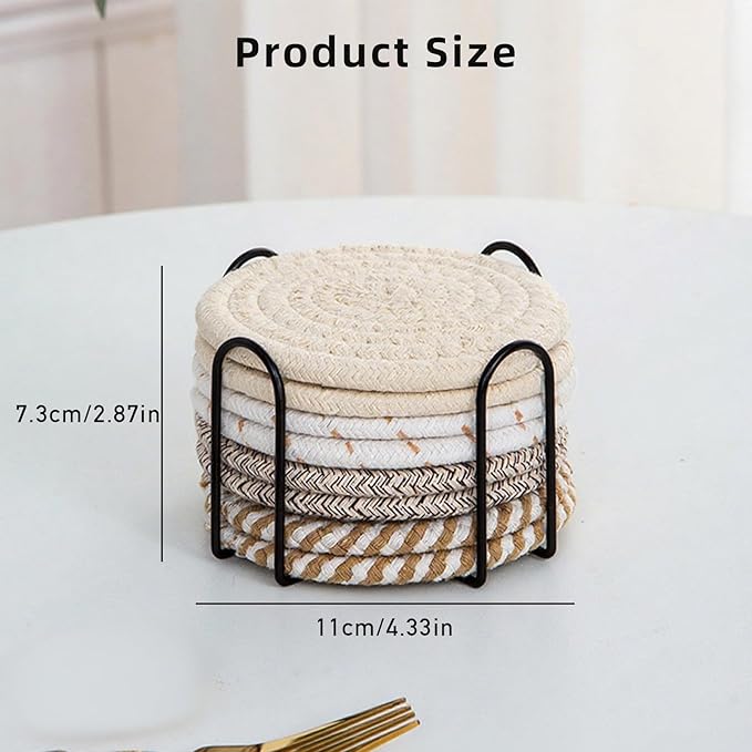 8 Pcs Drink Coasters with Holder, Handwoven Cotton Coasters Set Stackable Absorbent Minimalist Home Decor for Table, Cup, Mug (Brown)
