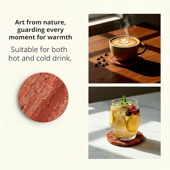 CASACOUTURE-Red Travertine-Stone-Coasters Set of 4-Round -4" Diameter Drink Coasters for Housewarming Desktop Protection Suitable for Various Cups - Sturdy and Durable Aesthetics