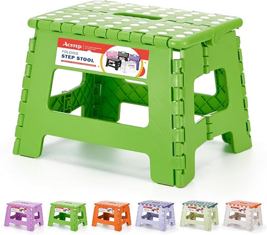 ACSTEP 9 Inch Folding Step Stool 300 LB Capacity Plastic Foldable Step Stools for Kids and Adults, Folding Stool Suitable for Kitchen, Stepping Stool with Handle Green Small Step Stool 1PC