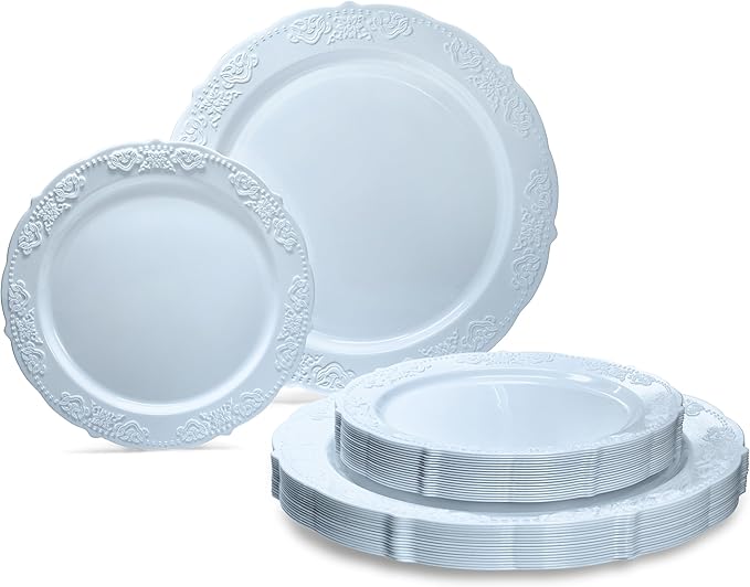 " OCCASIONS " 50 Plates Pack (25 Guests) Vintage Wedding Party Disposable Plastic Plate Set -25x10.25'' Dinner +25x7.5'' Salad/Dessert plates (Portofino Plain Blue)