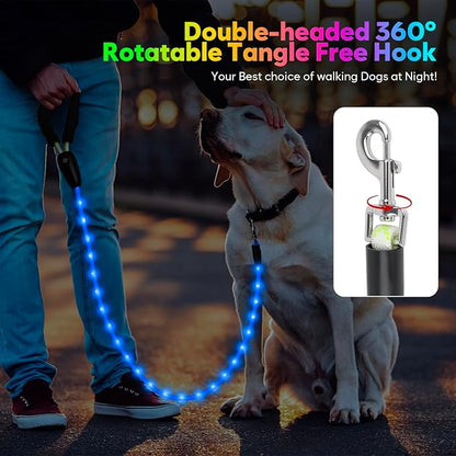YFbrite Waterproof Light up Dog Leash with 15 Flashing Modes - Super Bright LED Dog Leash for Small Medium Large Dogs - Type-c Rechargeable Dogs Leashes Light (Multi-Color, 6FT (180cm))