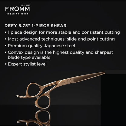 Fromm Professional Defy 5.75" 1-Piece Precision Slide & Point Hair Cutting Shears in Matte Gold Japanese Steel Scissors with Razor Sharp Convex Blade for Expert Salon Stylists