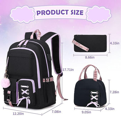Backpacks for Girls, Girls Backpack with Lunch Box and Pencil Case for Teen Kids Elementary Middle High School College Student, Children Backpack Bookbag with USB Charging Port (Black Purple)