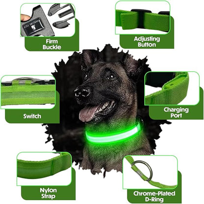 Light Up Dog Collar ??Reflective, Adjustable, Rechargeable Electronic Glow Pet Collars ??Bright, Comfortable, High Visibility LED Dog Collar for Night Safety, Outdoor Walk, Flashing Fun, Green, Medium