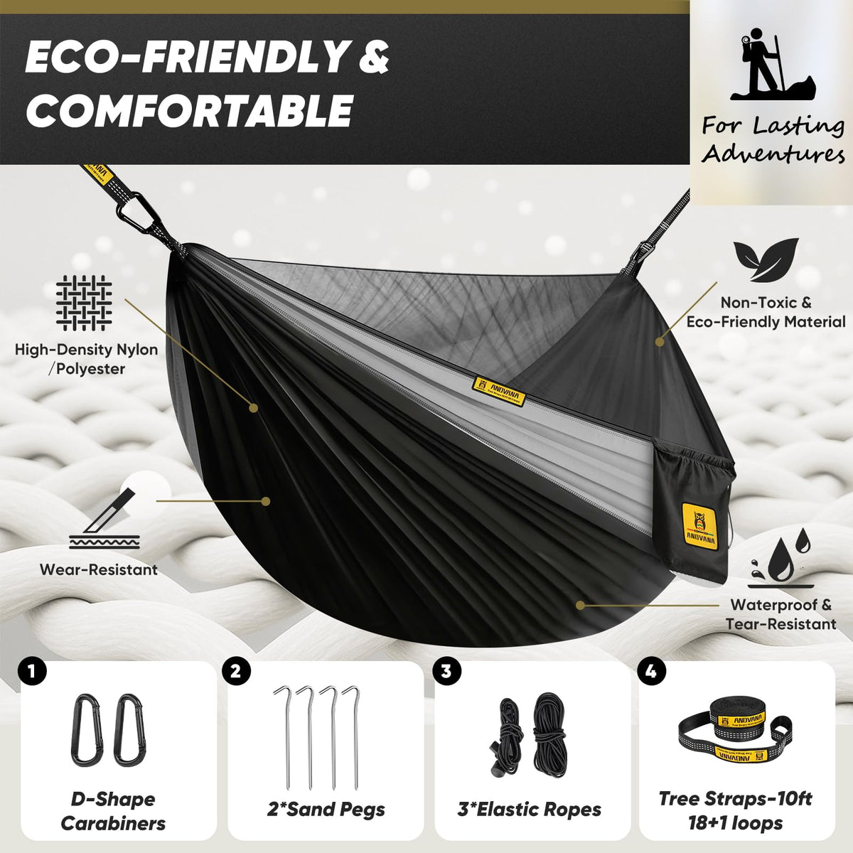 Camping Hammock with Mosquito Net, 500 lbs Portable Hammock with Tree Straps, 2-in-1 Double/Single Travel Hammock Tent for Outside/Indoor/Backpacking/Beach - Black & Grey