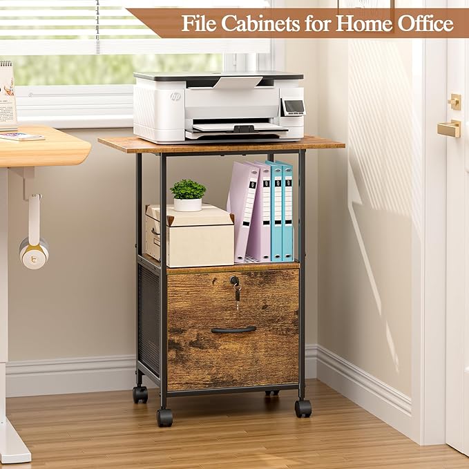 Small Filing Cabinet with Lock, Printer Stand with File Storage, Rolling Locking File Cabinet with Drawer Vertical File Cart with Wheels, Lockable Filing Cabinet for Home Office