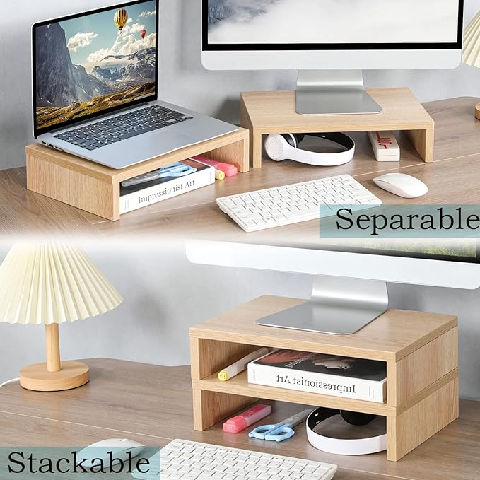 TEAMIX Wood Monitor Stand Riser - 2 Pack Adjustable Dual Monitor Riser for Laptop/PC