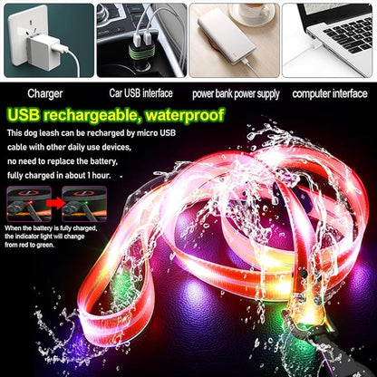 LED Waterproof Pet Dog Leash USB Rechargeable Fashionable Color Glow in The Dark Night Walk Safety Dog Leash for Medium to Large Dogs