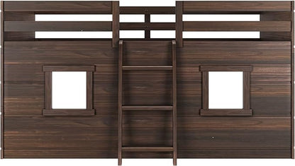 Max & Lily Modern Farmhouse Twin Low Loft Bed with Two Windows - Solid Wood, 15” Guardrails, 400-lb Capacity, Low-VOC Finish, Barnwood Brown