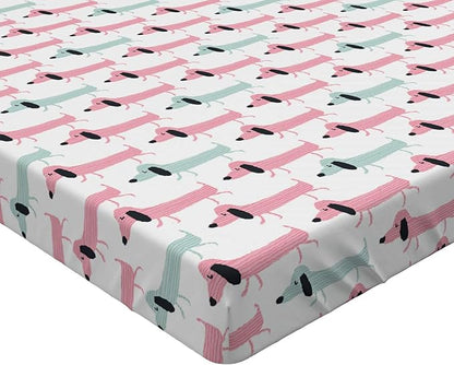 Ambesonne Dachshund Fitted Sheet, Pattern with Funny Cartoon Sausage Dogs, Bed Cover with All-Round Elastic Deep Pocket for Comfort, Queen Size, Seafoam Pink