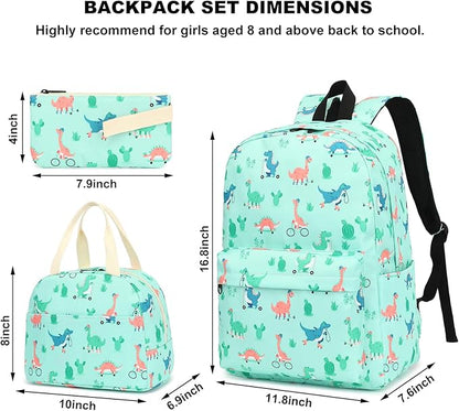 Dinosaur Girls Backpack for School, Kids Elementary School Bag Teens Middle Bookbag Set with Lunch Box Pencil Case (Green)