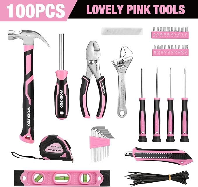 WORKPRO Pink Tool Set - 100 Pieces Pink Tool Kit with Easy Carrying Pouch, Household Tool Kit for Home, Apartment, Office, College, Perfect for DIY Projects, Home Maintenance - Pink Ribbon