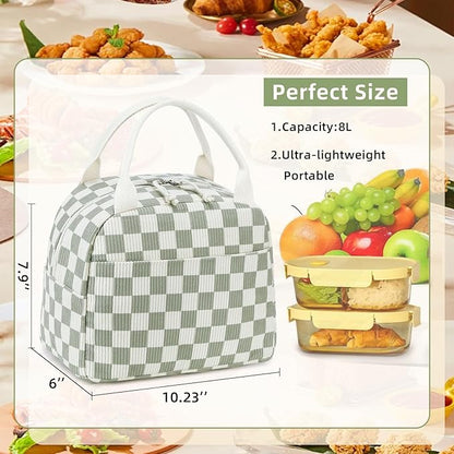 LEDAOU Lunch Box for Women Insulated Lunch Bag Corduroy Lunch Tote Bags Leakproof Cooler Lunch Case for Travel Work Picnic (Checked)