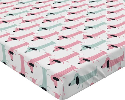Ambesonne Dachshund Fitted Sheet, Pattern with Funny Cartoon Sausage Dogs, Bed Cover with All-Round Elastic Deep Pocket for Comfort, Full Size, Seafoam Pink