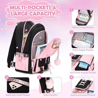 Backpacks for Girls, Girls Backpack with Lunch Box and Pencil Case for Teen Kids Elementary Middle High School College Student, Children School Backpack Bookbag with USB Charging Port (Pink)