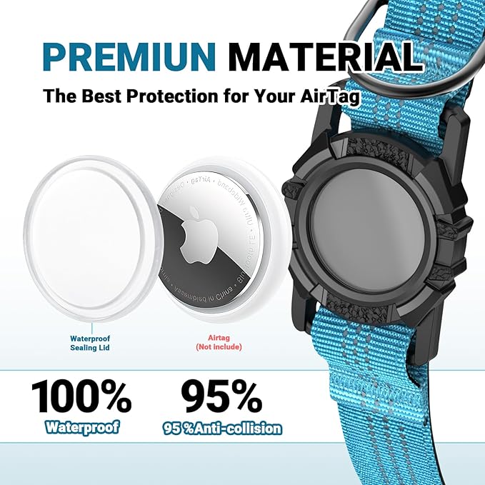 AirTag Dog Collar and Leash, IP68 Waterproof Integrated with Reflective, Ultra-Durable, Comfortable Padded, Heavy Duty Dog Collars for Small Medium Large Dogs, M (12.6"-17.1"), Blue