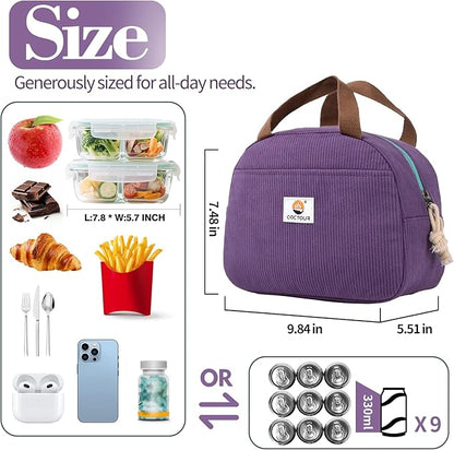 Lunch Box Lunch Bag for Women Girls Teens, Cute Lunch Box Cooler Bag, Portable Small Insulated LunchBox Reusable Corduroy Lunch Tote for Work/Travel/Picnic/School (Purple)